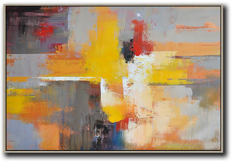 Size Extra Large Abstract Art,Horizontal Palette Knife Contemporary Art,Big Art Canvas,Yellow,Grey,Red,Black.Etc
